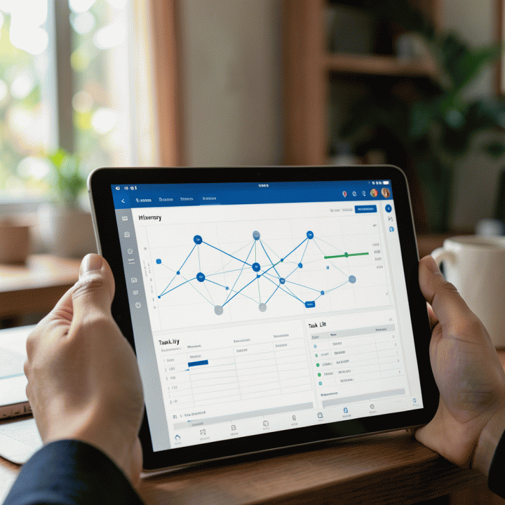 Tangan yang sedang berinteraksi dengan antarmuka digital yang terstruktur di tablet, menampilkan perencanaan perjalanan dan tugas harian yang rapi.