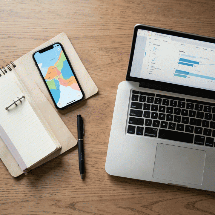 Komposisi flat lay dari berbagai alat perencanaan (smartphone dengan peta, buku catatan, laptop) yang diletakkan di meja kayu, melambangkan persiapan perjalanan yang matang.