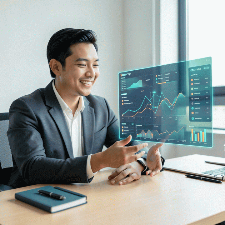 Seorang profesional muda Indonesia yang sedang fokus dan tersenyum saat menggunakan dashboard perencanaan digital holografik di meja kerja modern, menunjukkan konsep manajemen hidup dan keuangan yang terintegrasi.
