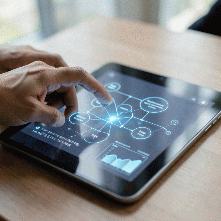 Tangan yang menggunakan tablet digital untuk mengelola dan melihat alur kerja perencanaan harian yang terintegrasi dan abstrak.