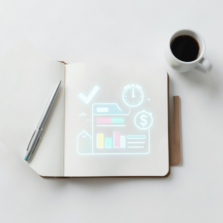Tampilan atas meja kerja yang terorganisir, menggabungkan alat tulis fisik dengan tampilan digital perencanaan tugas yang terintegrasi.
