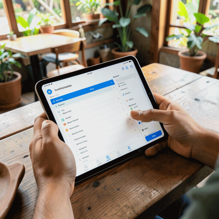 Tangan yang menggunakan tablet untuk memeriksa dan menandai item daftar periksa perjalanan secara digital.