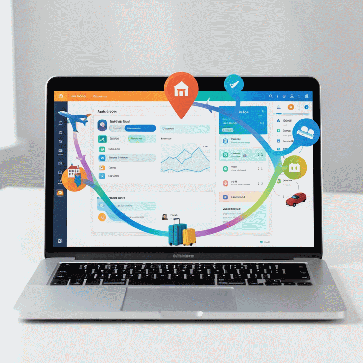 Visualisasi digital yang menunjukkan berbagai elemen perjalanan terorganisir dalam satu dashboard perencanaan.