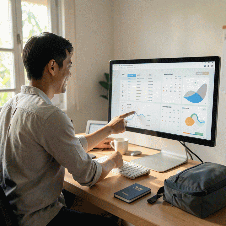 Seorang profesional muda Indonesia sedang merencanakan perjalanan secara detail menggunakan spreadsheet digital di meja kerja yang rapi, menciptakan suasana perencanaan yang tenang dan terorganisir.