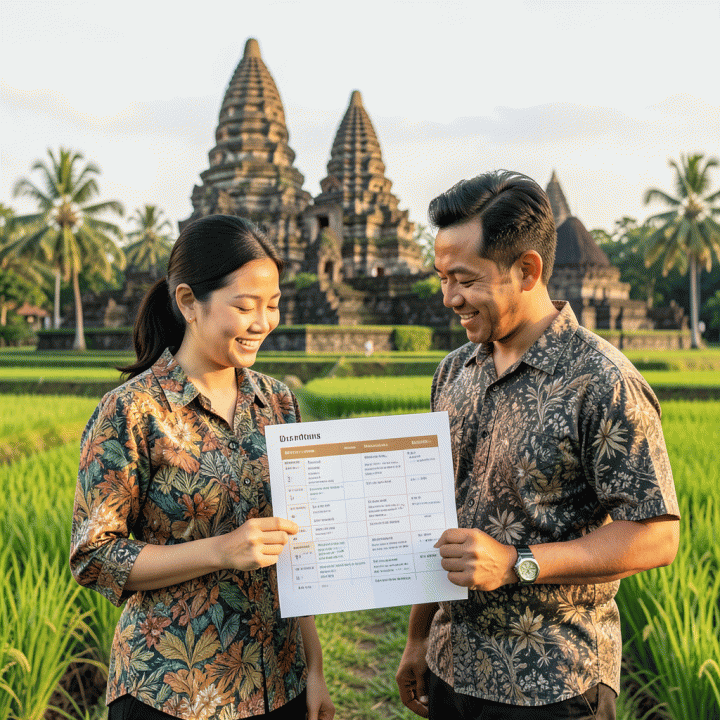 Pasangan muda Indonesia berdiri di lokasi wisata ikonik, menikmati perjalanan yang terencana dengan baik dan tanpa stres.