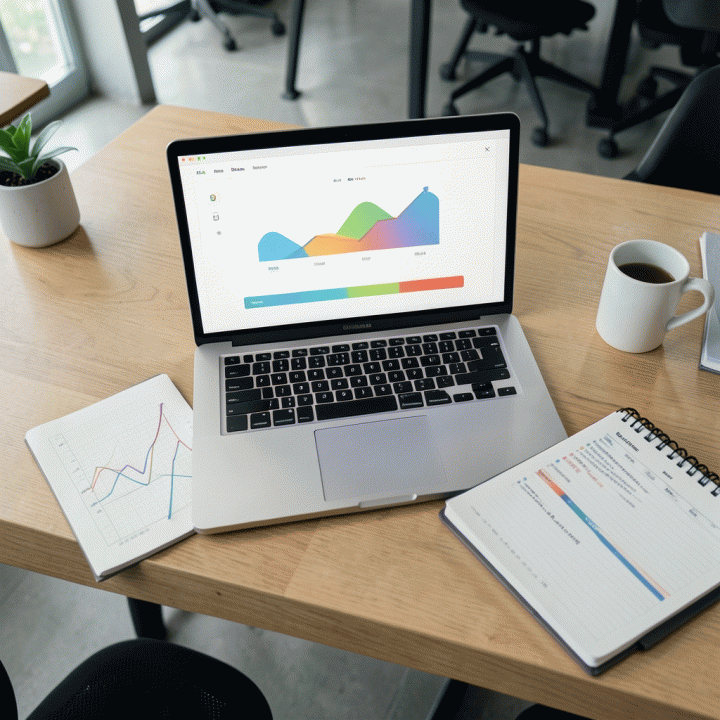 Meja kerja yang tertata rapi di co-working space, menampilkan laptop dengan dashboard manajemen proyek abstrak, menekankan manajemen waktu.