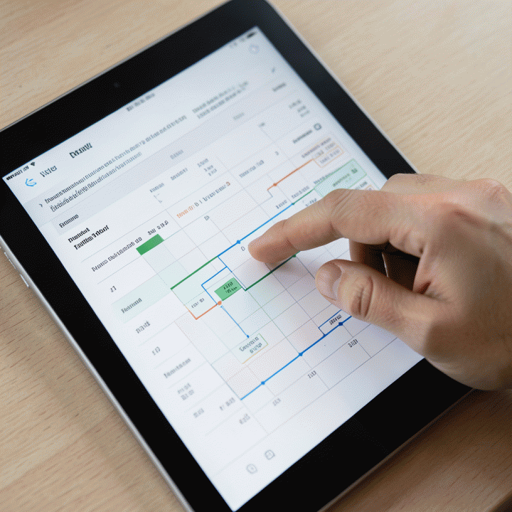 Tangan yang sedang berinteraksi dengan spreadsheet di tablet, menunjukkan proses perencanaan dan pelacakan proyek yang efisien.