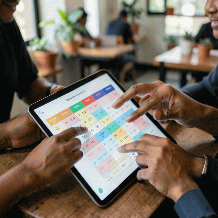Tangan beberapa orang sedang berkolaborasi merencanakan dan mengatur anggaran perjalanan di tablet yang menampilkan spreadsheet keuangan trip.