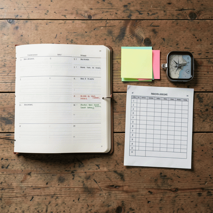 Tata letak datar yang menunjukkan perlengkapan perencanaan trip terstruktur: buku catatan berisi jadwal, sticky notes, dan template anggaran di atas meja kayu.