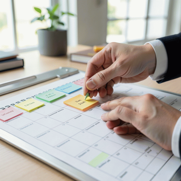 Tangan yang sedang menata atau memblokir jadwal pada sebuah perencana mingguan, menggambarkan perencanaan waktu (time blocking).
