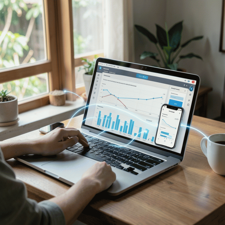 Visualisasi digital alat perencanaan dan manajemen waktu yang terintegrasi pada laptop dan smartphone di meja kerja modern, menunjukkan konsep organisasi sistematis dan efisiensi.
