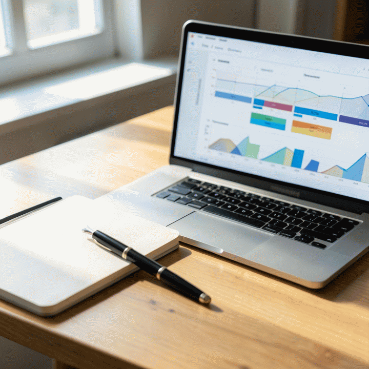 Pemandangan meja kerja yang terorganisir dengan jurnal minimalis dan laptop menampilkan visualisasi data perencanaan proyek yang bersih dan abstrak.