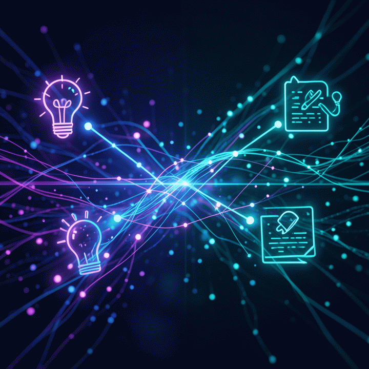 Visualisasi abstrak data AI yang mengalir dan menyatu dengan konsep ide konten manusia, menunjukkan proses strategi kreatif.