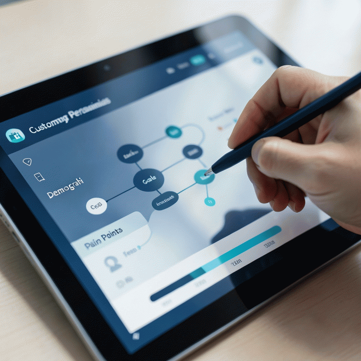 Tangan menggunakan stylus pada tablet yang menampilkan antarmuka pengguna terstruktur untuk membangun persona pelanggan (user persona).
