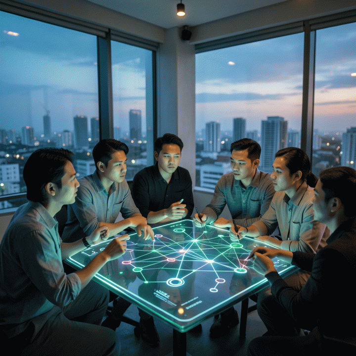 Tim startup profesional Indonesia yang berdiskusi di depan tampilan data holografik yang menunjukkan analisis pasar dan potensi pertumbuhan masa depan.