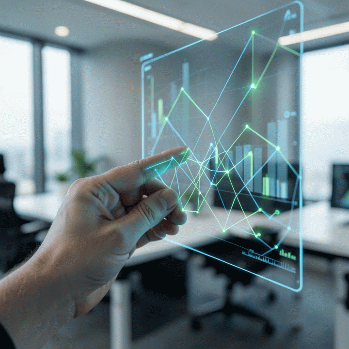 Tangan yang berinteraksi dengan antarmuka holografik yang menampilkan grafik dan data analisis pasar yang abstrak.