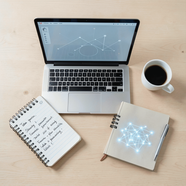 Komposisi flat lay dari alat bisnis modern, laptop, dan buku catatan, melambangkan proses ideasi dan perencanaan bisnis.
