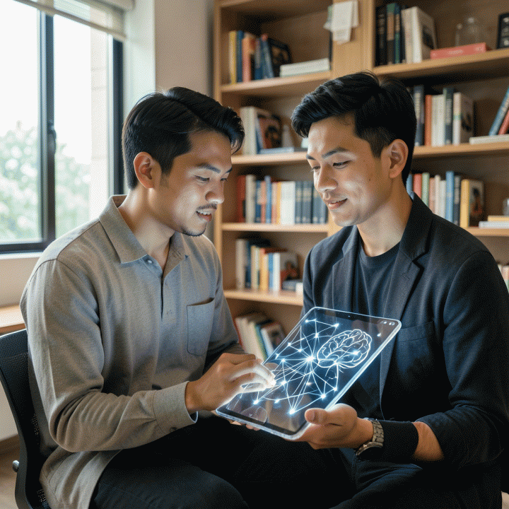 Seorang profesional muda sedang melakukan self-assessment karir menggunakan tablet, dengan visualisasi jaringan kognitif yang abstrak dan bercahaya.