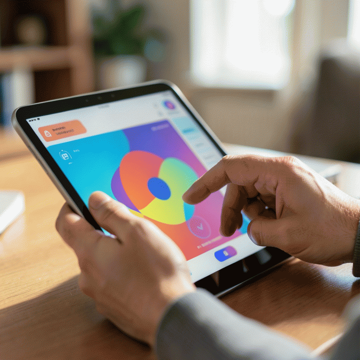 Tangan yang sedang berinteraksi dengan tablet berisi asesmen kognitif abstrak, menunjukkan proses berpikir dan pemecahan masalah.
