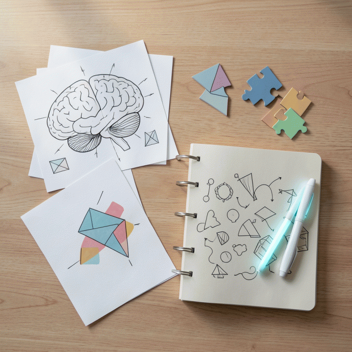 Tampilan datar (flat lay) alat bantu pengembangan diri yang berisi diagram otak, potongan puzzle logika, dan buku catatan, melambangkan asesmen kognitif.