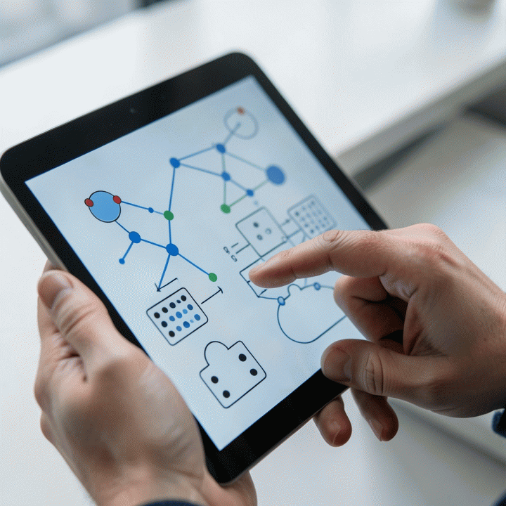 Tangan berinteraksi dengan tablet yang menampilkan pola-pola logika dan diagram abstrak untuk asesmen kognitif.