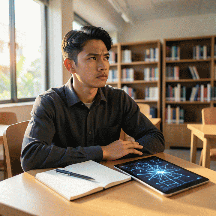 Mahasiswa muda Indonesia yang merenung di perpustakaan modern dengan latar belakang visualisasi data abstrak, melambangkan self-assessment dan kesiapan akademik.
