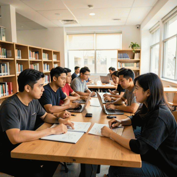 Kelompok mahasiswa Indonesia yang tampak cerdas dan berdiskusi secara intens di perpustakaan modern, menunjukkan kolaborasi dan proses pemetaan potensi akademik.