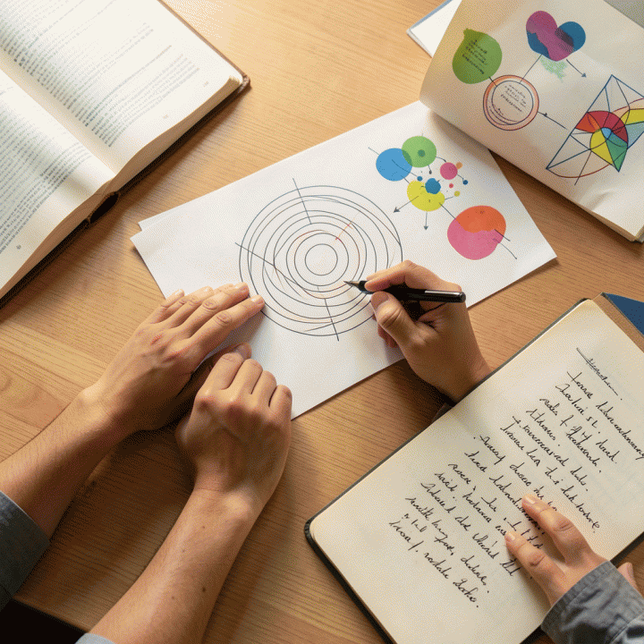 Visualisasi proses berpikir dan analisis diri menggunakan objek-objek edukatif di meja kayu.