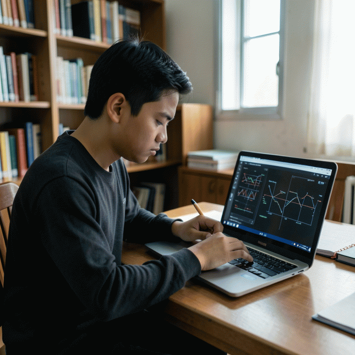 Mahasiswa Indonesia yang sedang fokus mengerjakan asesmen kognitif pada laptop di lingkungan akademis yang tenang.