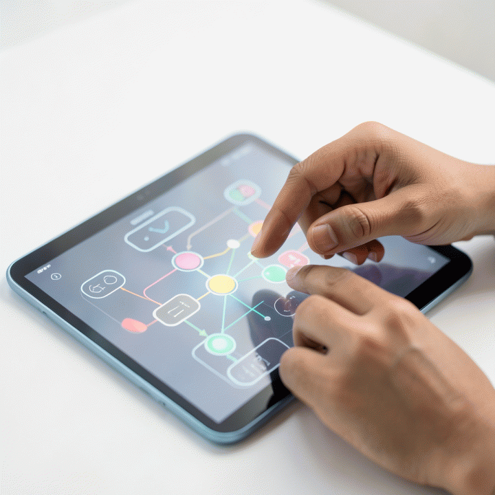 Dua tangan muda berinteraksi dengan antarmuka tablet transparan yang menunjukkan diagram alir abstrak dan pemecahan pola logika, melambangkan asesmen kognitif.