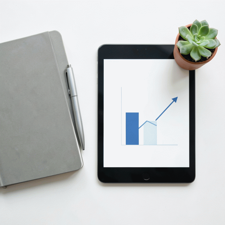 Tata letak flat lay alat pengembangan diri, termasuk buku catatan, pena, dan tablet yang menampilkan grafik progres, melambangkan perencanaan karir.