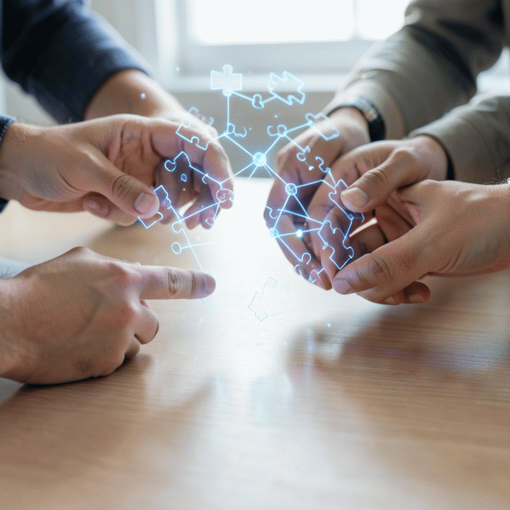Tangan-tangan yang berinteraksi dengan puzzle atau node holografik, melambangkan proses pemecahan masalah kognitif dan pengembangan potensi.