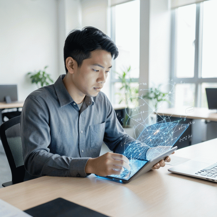 Seorang profesional muda Indonesia yang sedang fokus melihat visualisasi data dan pola kognitif abstrak di tablet, melambangkan proses asesmen potensi diri.