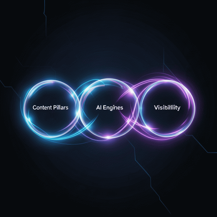 Visualisasi abstrak tiga elemen kunci (konten, mesin AI, visibilitas) yang terhubung dengan energi cahaya, melambangkan strategi SEO AI.