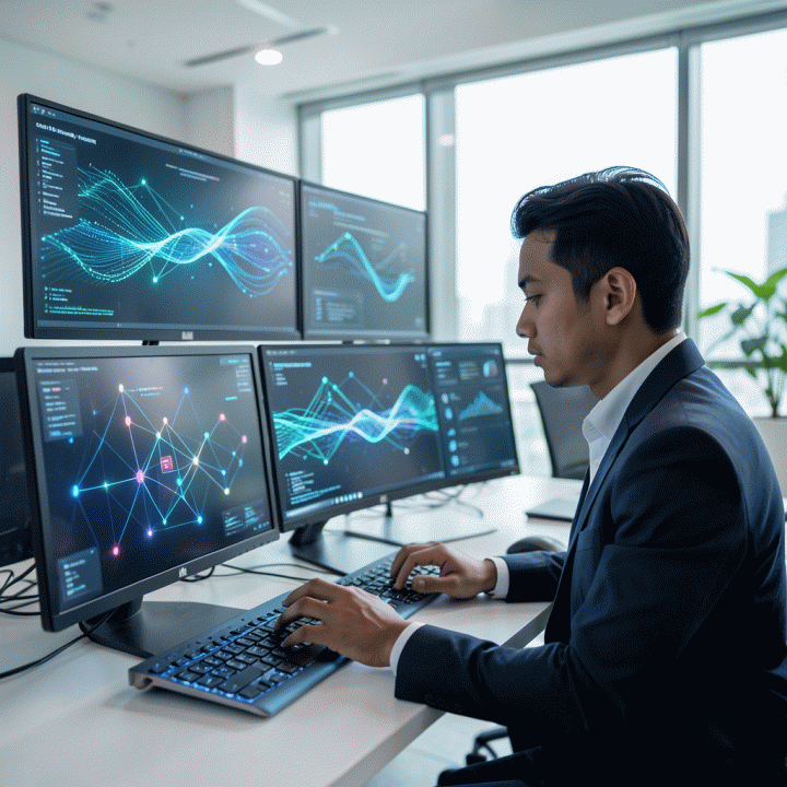 Seorang profesional muda di kantor modern yang berfokus pada visualisasi data kompleks dan jaringan koneksi digital, melambangkan strategi optimasi SEO untuk pencarian AI.