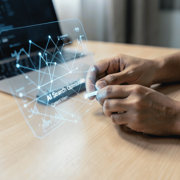 Tangan yang berinteraksi dengan antarmuka holografik yang menampilkan data dan peta strategi konten AI.