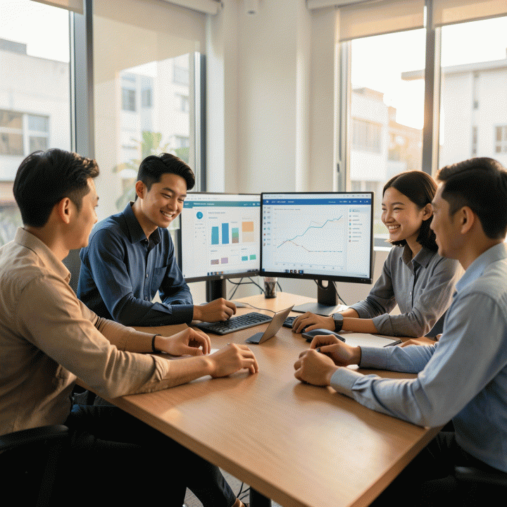 Kelompok profesional muda Indonesia sedang berkolaborasi di ruang rapat yang modern menggunakan layar digital untuk merencanakan dan mendigitalkan manajemen operasional bisnis penyewaan (rental) secara efisien.