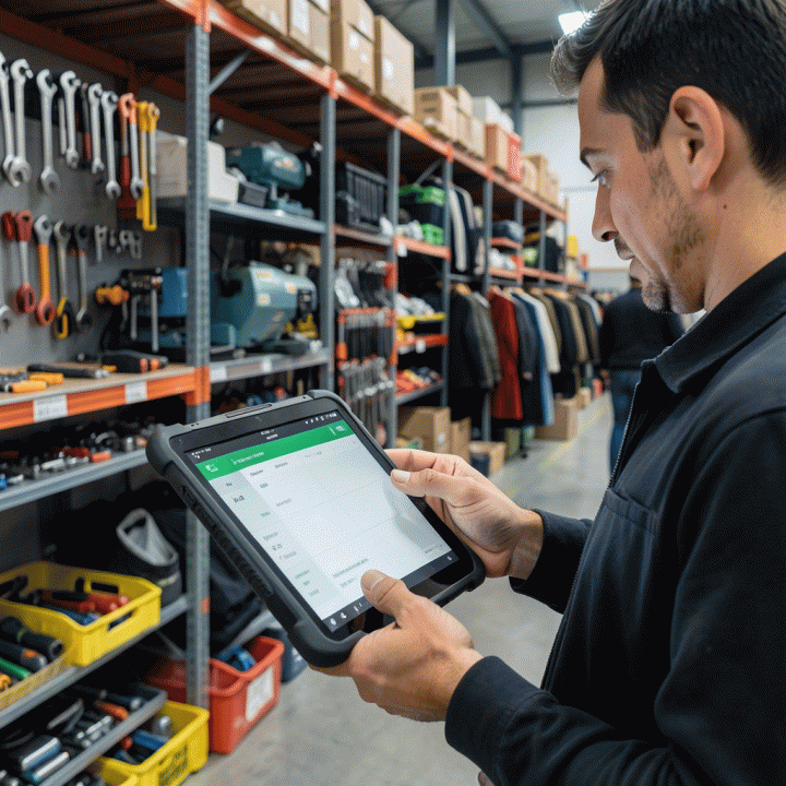 Manajer sedang memeriksa inventaris barang rental yang tertata rapi di gudang menggunakan tablet, menunjukkan sistem manajemen inventaris digital.