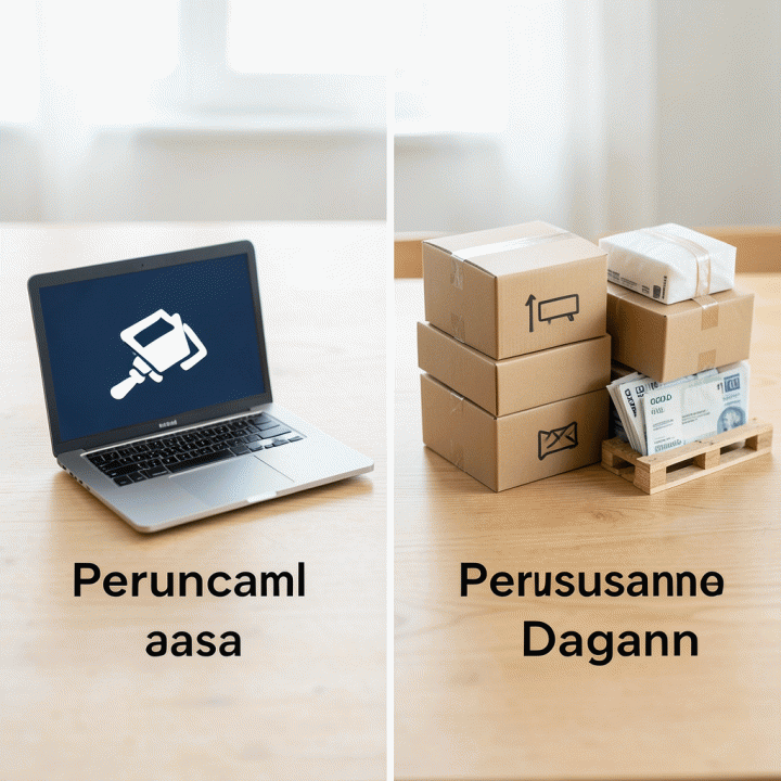 Ilustrasi perbandingan barang dagangan dan jasa pada meja, menyoroti perbedaan inventaris dalam bisnis perusahaan dagang versus jasa.