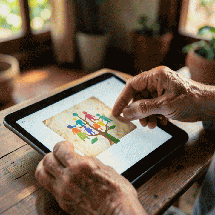 Tangan seorang anggota keluarga yang lebih tua menempatkan foto fisik ke tablet, yang mulai menampilkan visualisasi silsilah keluarga digital.