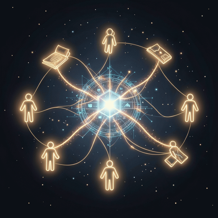 Visualisasi abstrak aliran data energi yang menyatukan berbagai artefak keluarga menjadi struktur silsilah yang terorganisir secara digital.