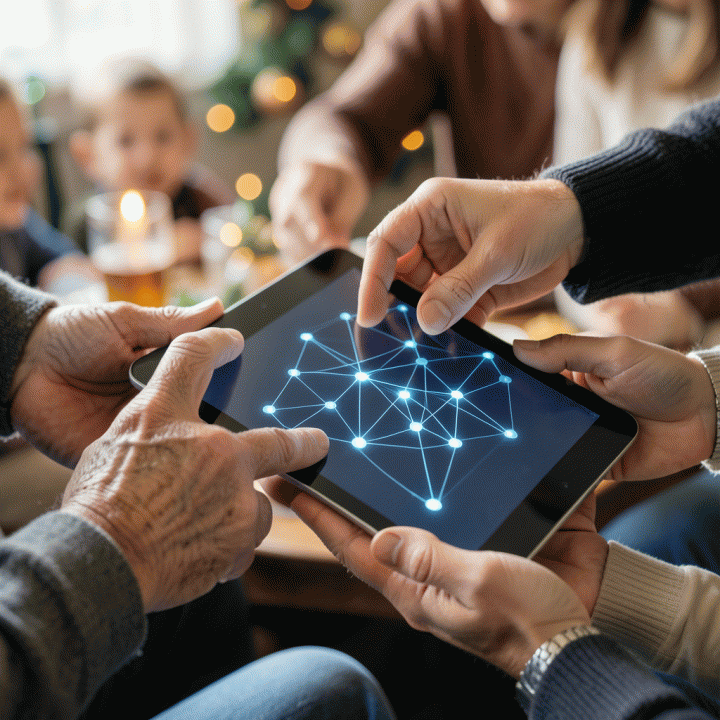 Tangan berbagai generasi yang menyentuh layar digital yang menampilkan diagram silsilah keluarga yang terstruktur dan bercahaya.