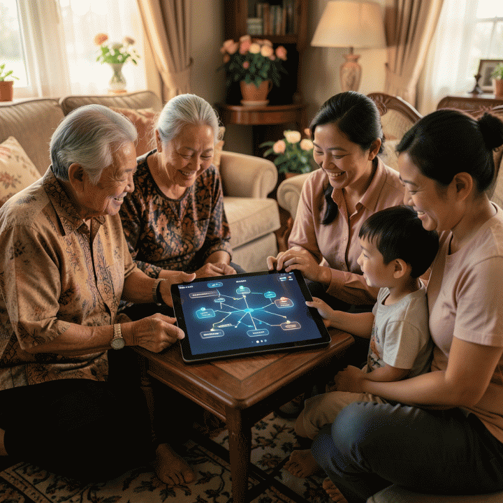 Keluarga lintas generasi yang hangat berkumpul di ruang tamu elegan, melihat silsilah keluarga digital yang terstruktur pada tablet modern, melambangkan pelestarian warisan kenangan.