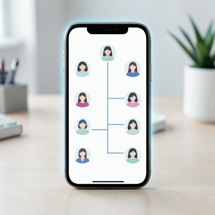 Tampilan antarmuka aplikasi silsilah keluarga yang menunjukkan struktur pohon keturunan multi-generasi dengan jelas dan terorganisir di layar smartphone modern.