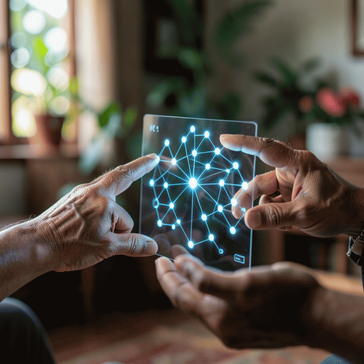 Detail tangan berbagai usia yang menyentuh pohon silsilah hologram, menunjukkan interaksi dan proses penemuan data leluhur.