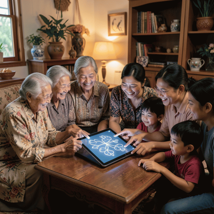 Keluarga multi-generasi Indonesia yang berkumpul di ruang tamu hangat, melihat silsilah keluarga mereka yang ditampilkan secara digital di tablet antik, melambangkan koneksi dan warisan keturunan.