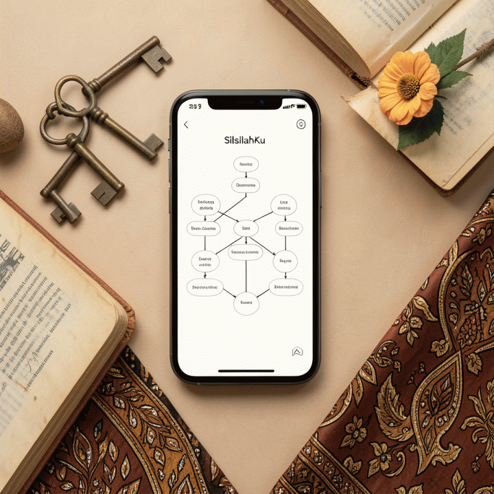 Foto penataan flat lay (overhead) yang menunjukkan aplikasi pohon silsilah keluarga di smartphone modern, dikelilingi artefak budaya Indonesia dan kenangan masa lalu.
