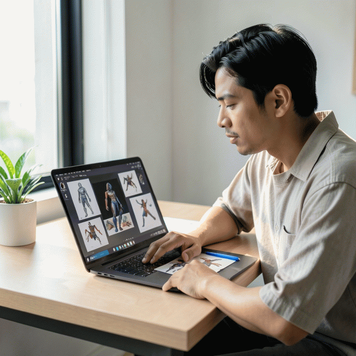 Seorang content creator profesional sedang bekerja di meja modern, berinteraksi dengan tablet digital yang menampilkan aset desain yang terlihat otentik dan dibuat dengan sentuhan manusia, melambangkan sinergi AI dan kreativitas manusia.