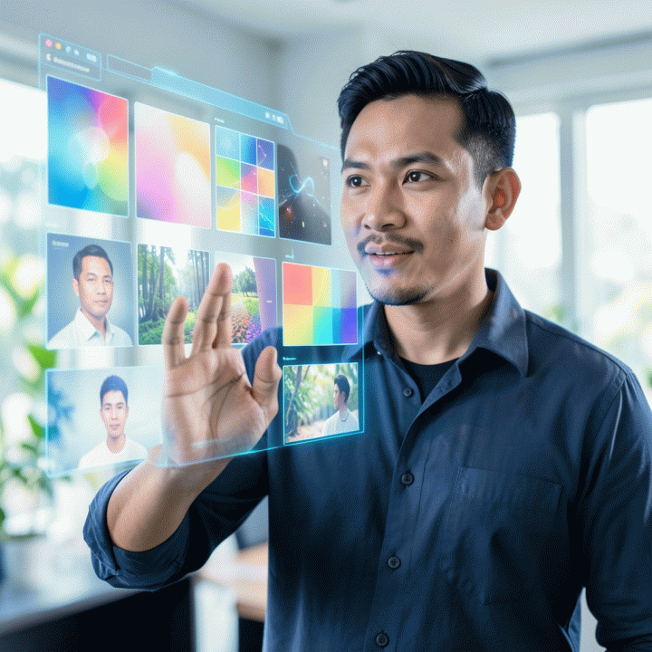 Kreator konten menggunakan alat AI di layar holografik untuk menghasilkan berbagai aset visual yang tampak otentik dan profesional.