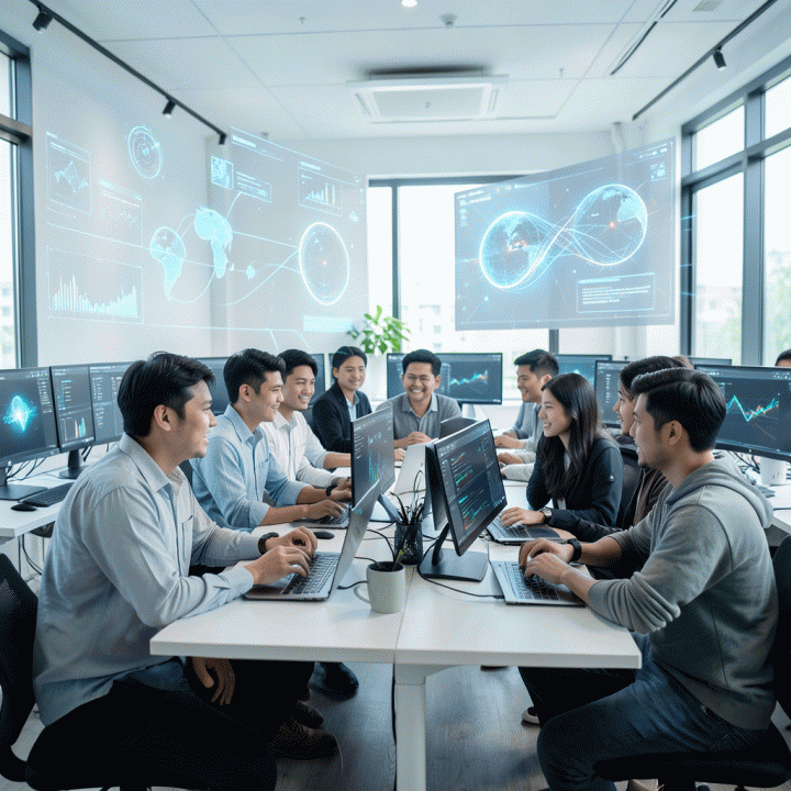 Sekelompok kreator konten profesional Indonesia yang berkolaborasi di ruang kerja modern, dikelilingi oleh visualisasi aset digital AI yang canggih dan terasa otentik.